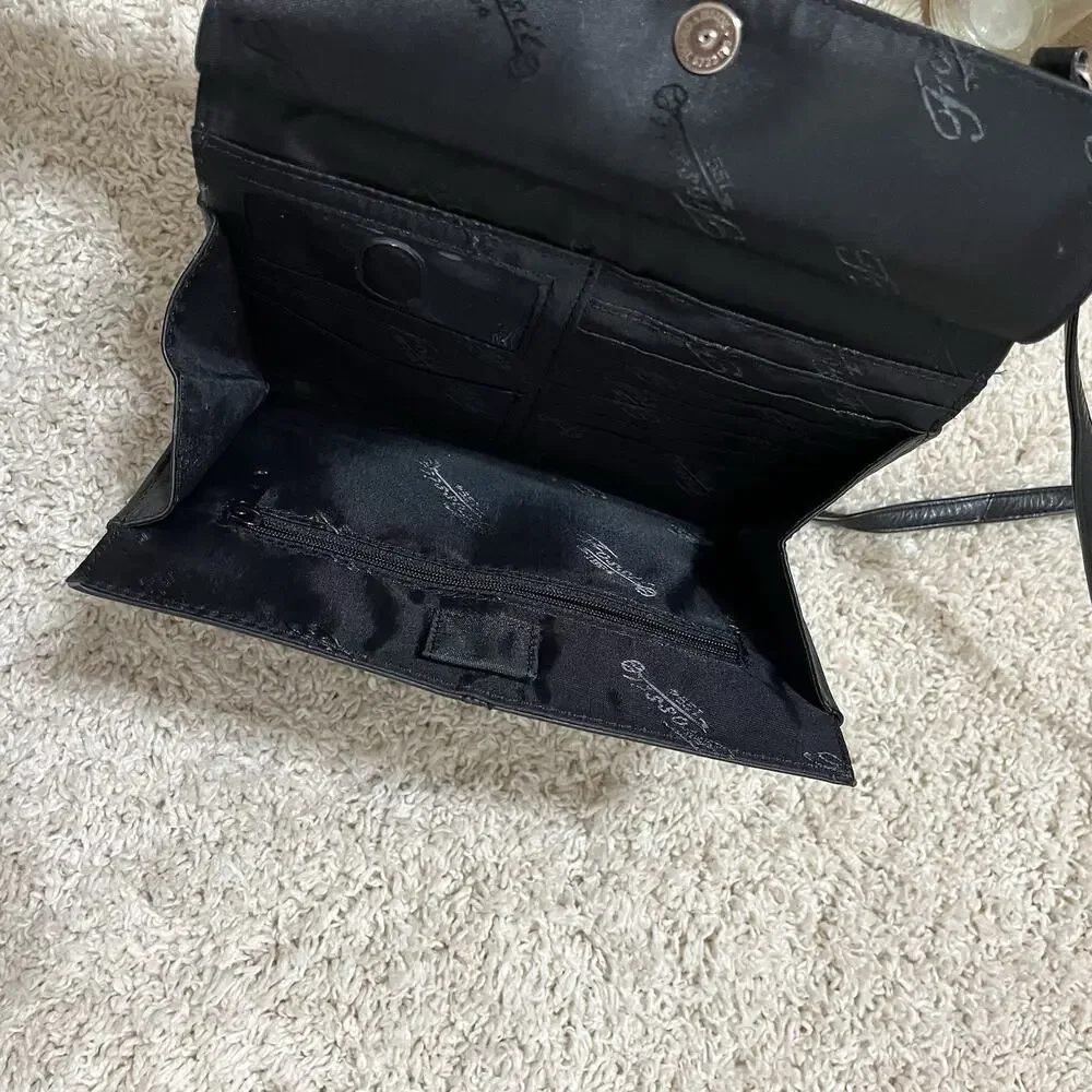 Vintage Fossil Black Leather Double Sided Crossbody Shoulder Bag Purse
